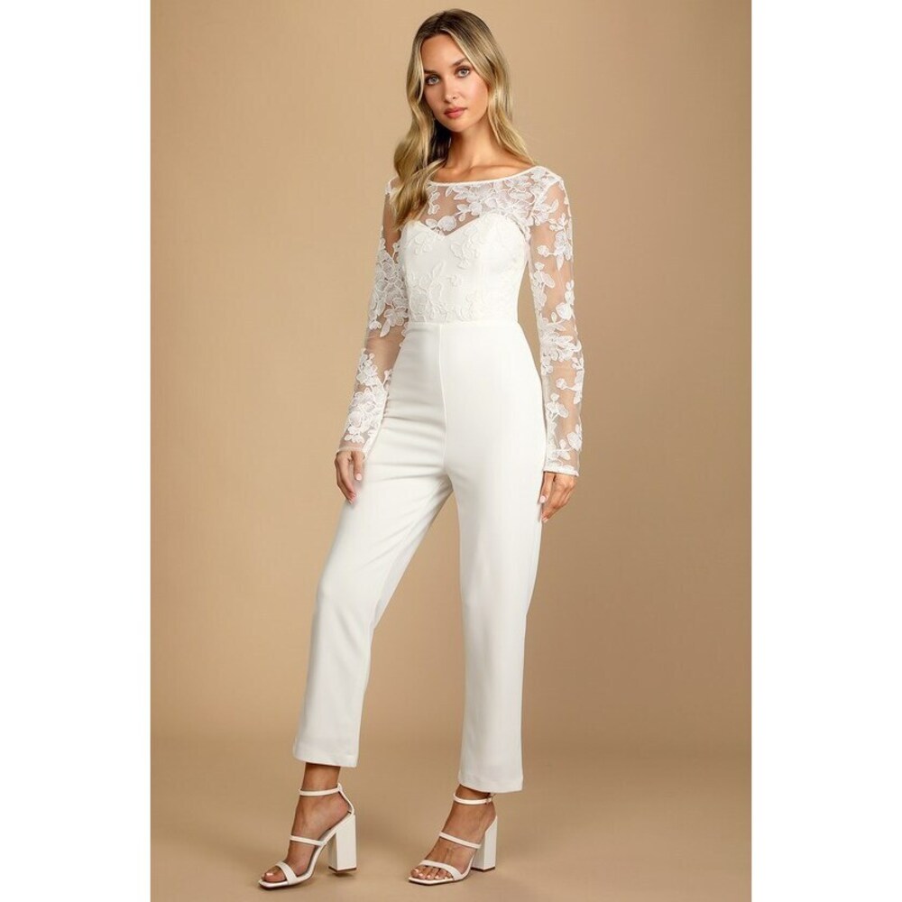 Lulus Write Your Own Romance White Embroidered Long Sleeve Jumpsuit - Size XS